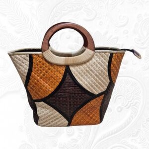 Handmade Woven Pandan Leaves Multicolor Tote Bag with Wooden Handles, Large